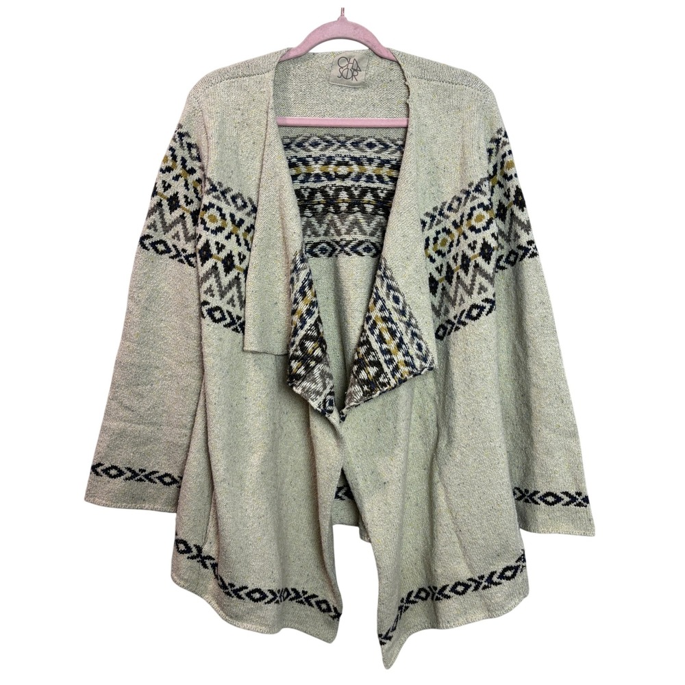 CHASER Womens Medium Open Front Geometric Print Cardigan‎ Sweater Cream Boho